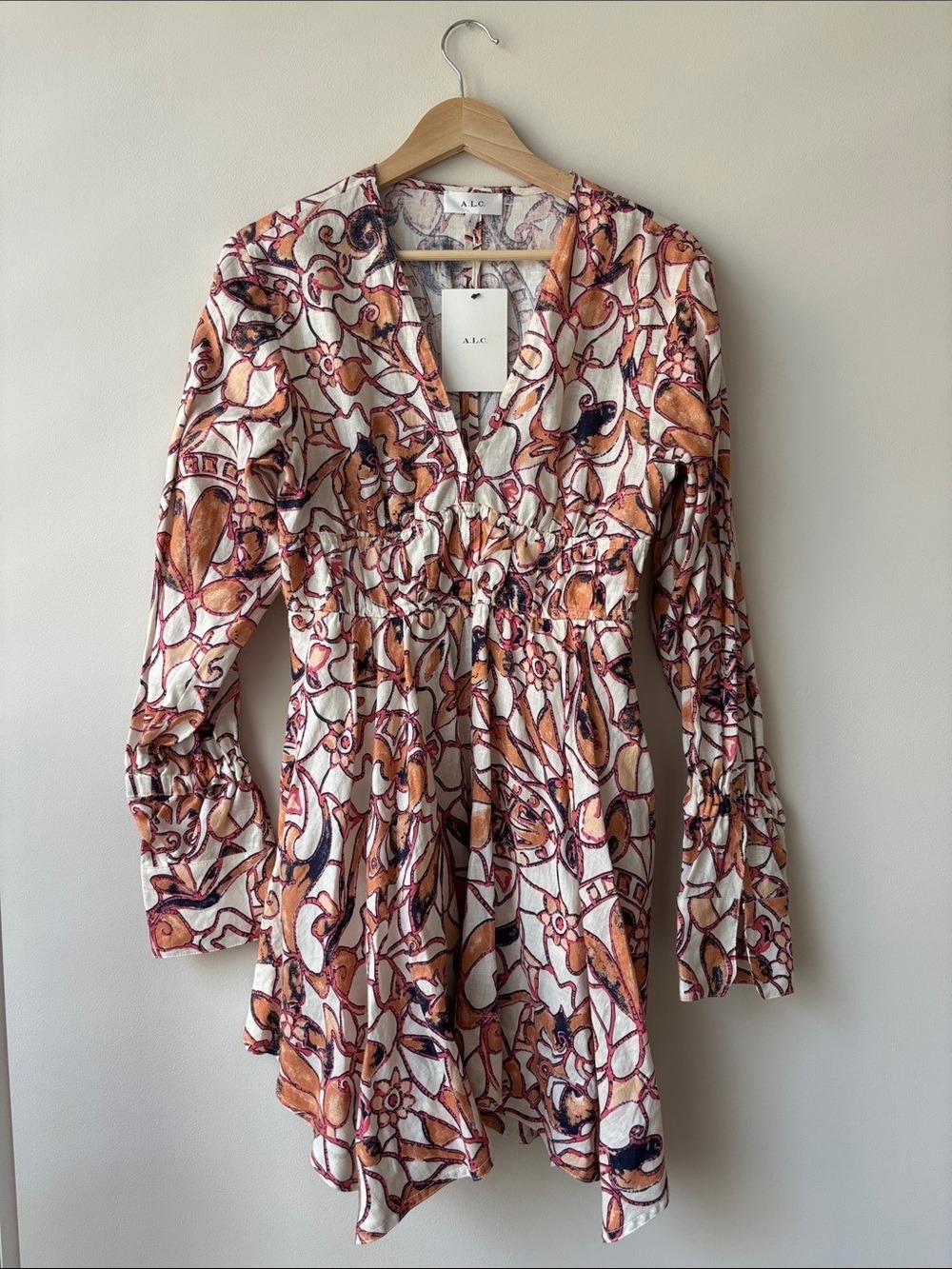 A.L.C. Cream Floral Print Long Sleeve V-Neck Smocked Dress Linen Size 10